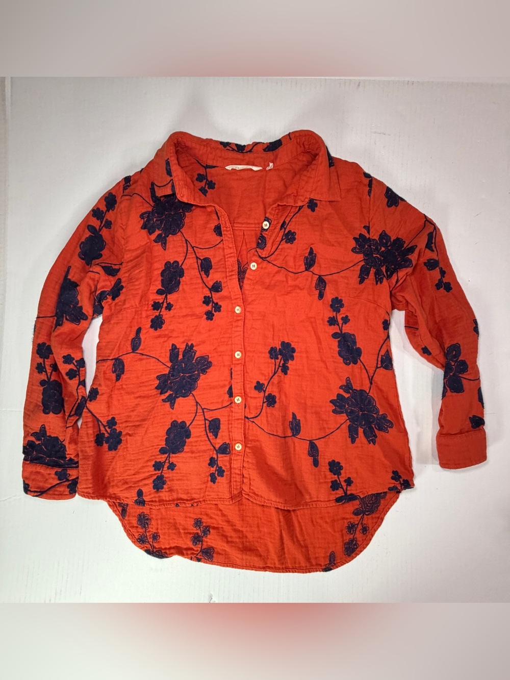 Soft Surroundings Orange Button-Down Shirt with Navy Floral Print
